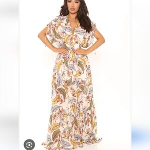 Fashion Nova Brown and Cream Tiered Wrap Maxi Dress
